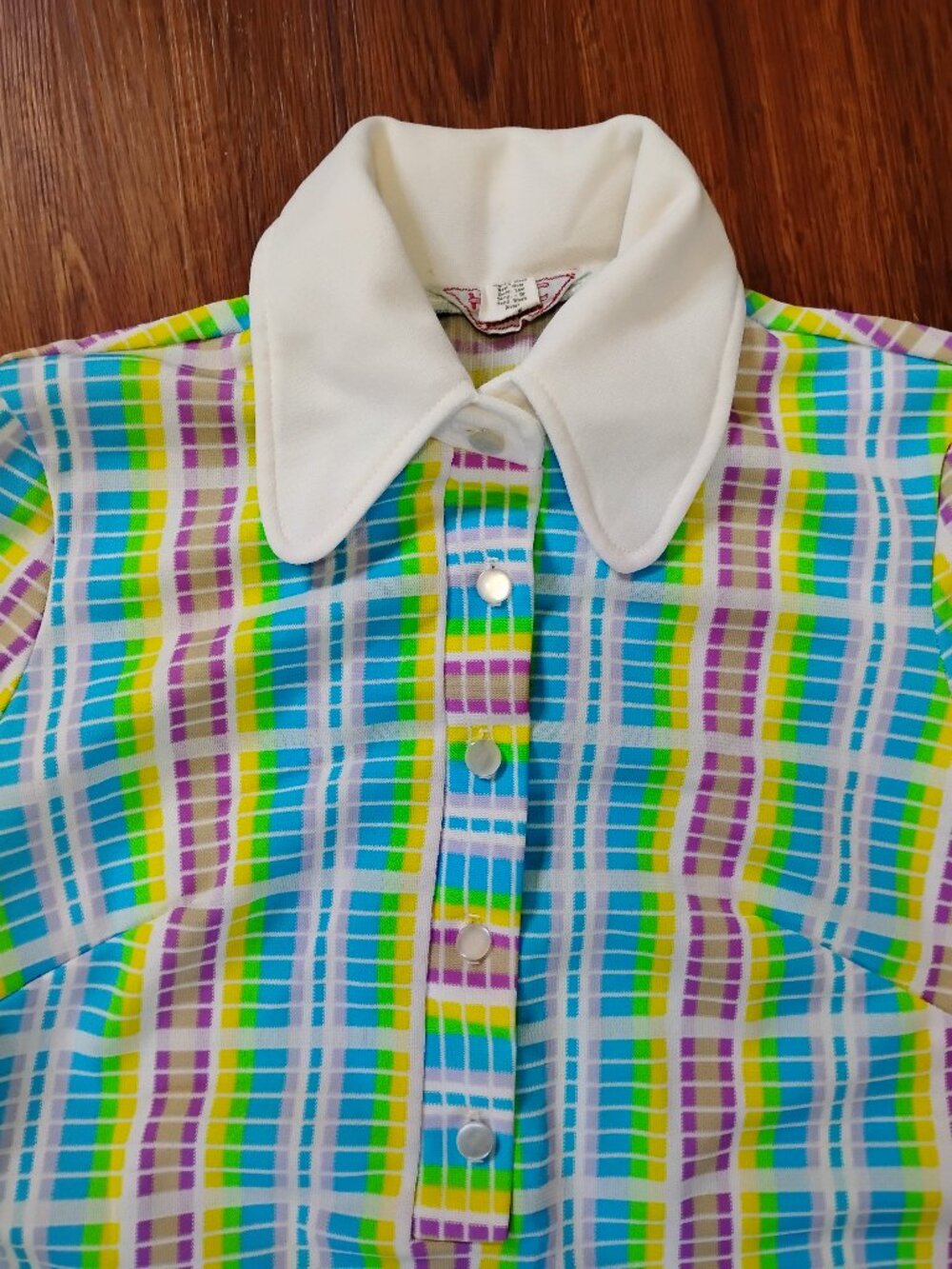 Vintage H Bar C Neon Plaid Polo Shirt Blouse Polyester